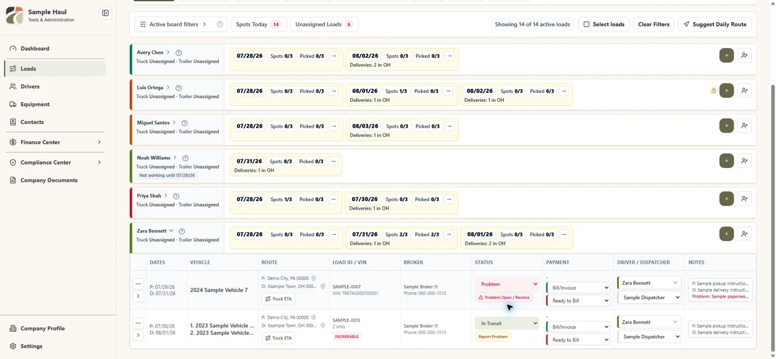 TruckTA Demo Active Board showing drivers, trailer spots, pickup and delivery planning, and an expanded load table with status and assignments.
