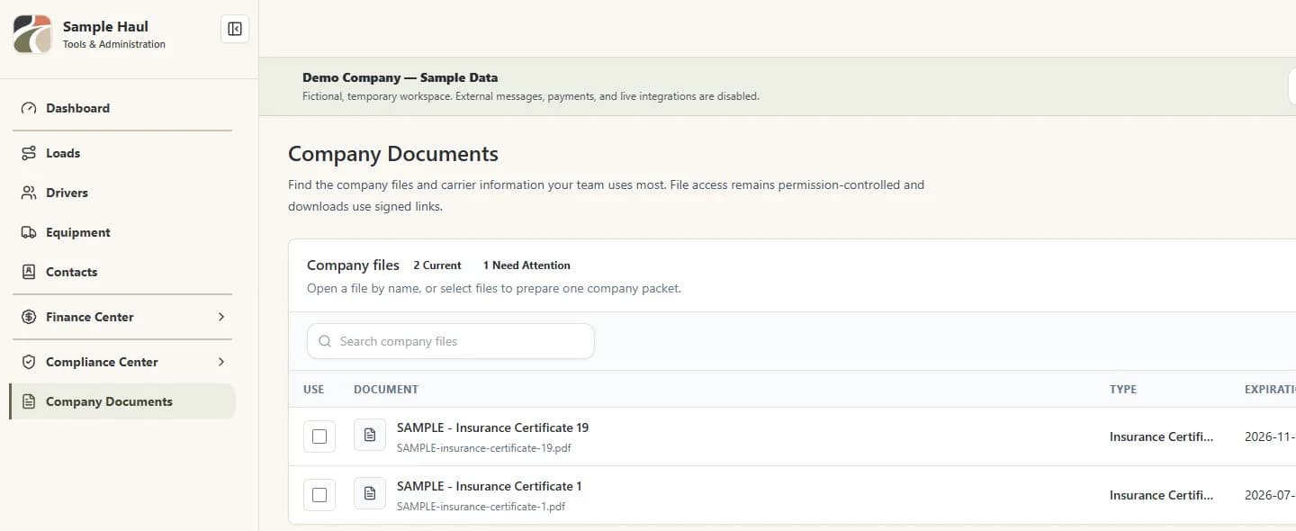 TruckTA Demo Company Documents screen showing sample files, document types, expiration dates, status, search, and packet actions.