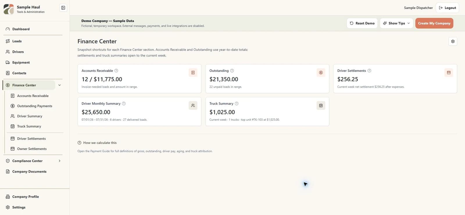 TruckTA Demo Finance Center showing fictional accounts receivable, outstanding payments, driver settlements, and driver and truck summaries.